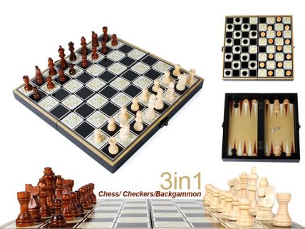 3 in 1 Wooden Checker Chess and Backgammon