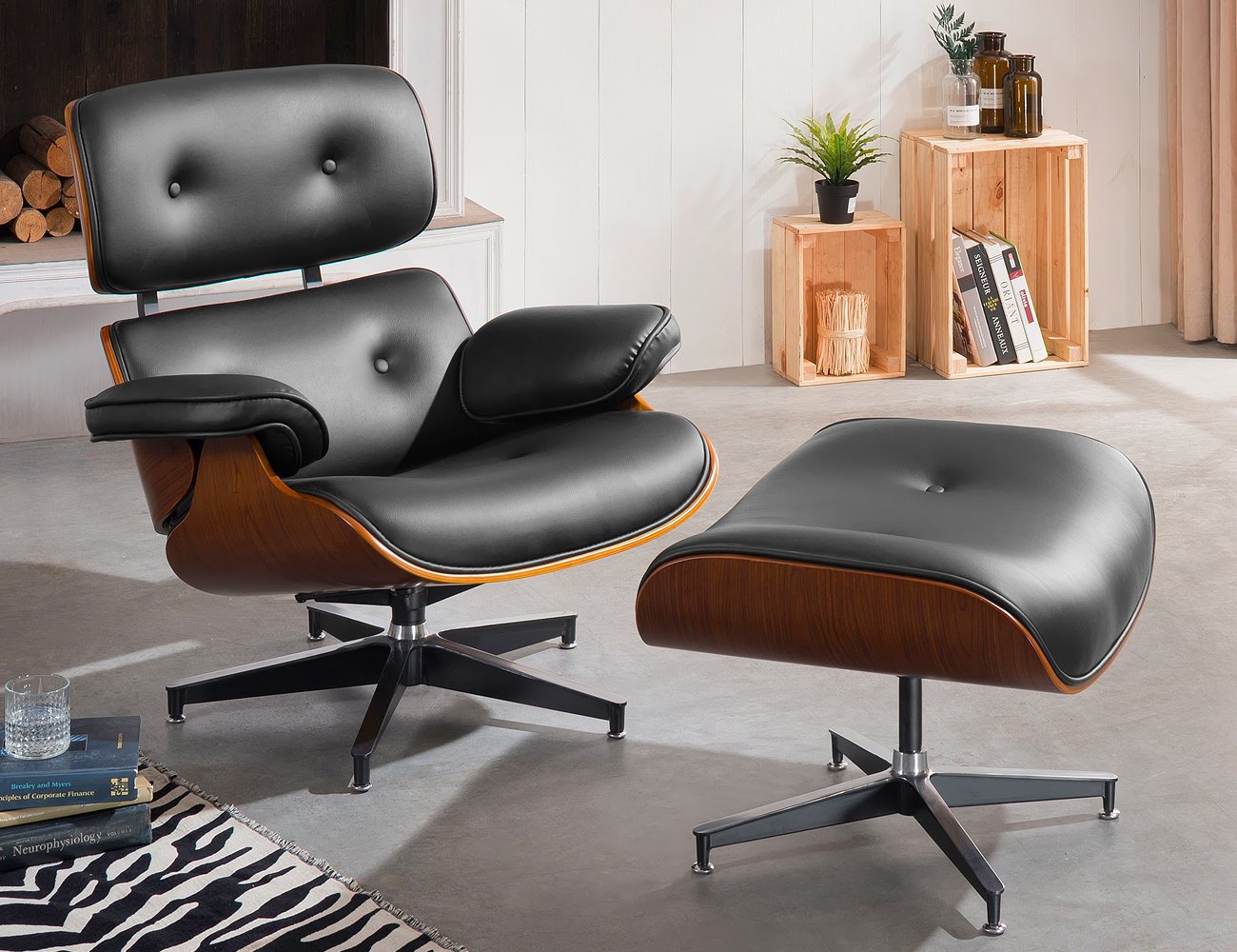Replica Eames Chair with Ottoman - Black/Walnut