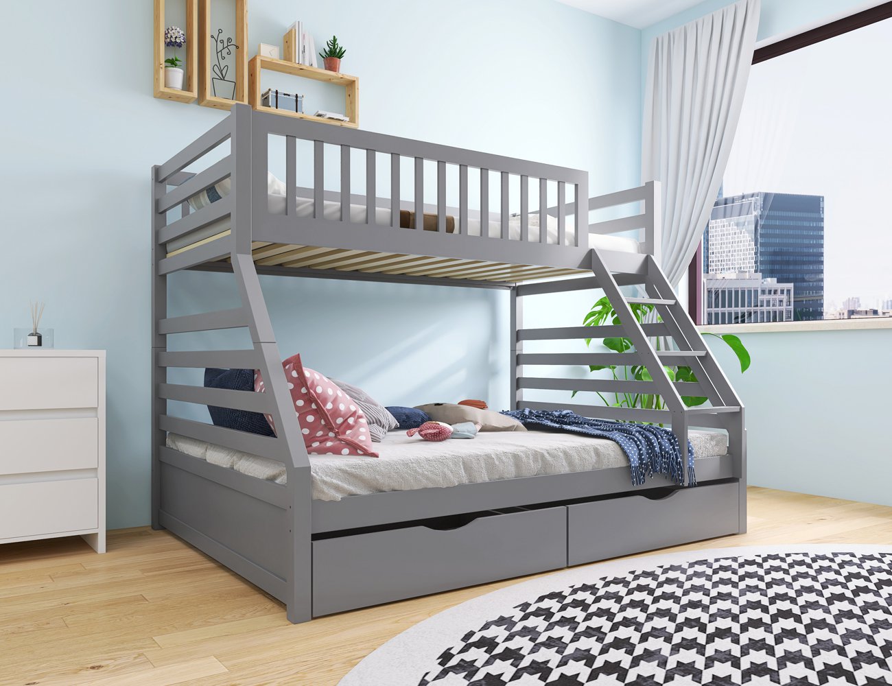 Rocco Double/Single Wooden Bunk Bed Frame - Grey